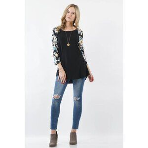 Cool Melon Floral Raglan Sleeve Top S Black & Multicolor Polyester/Spandex Blend